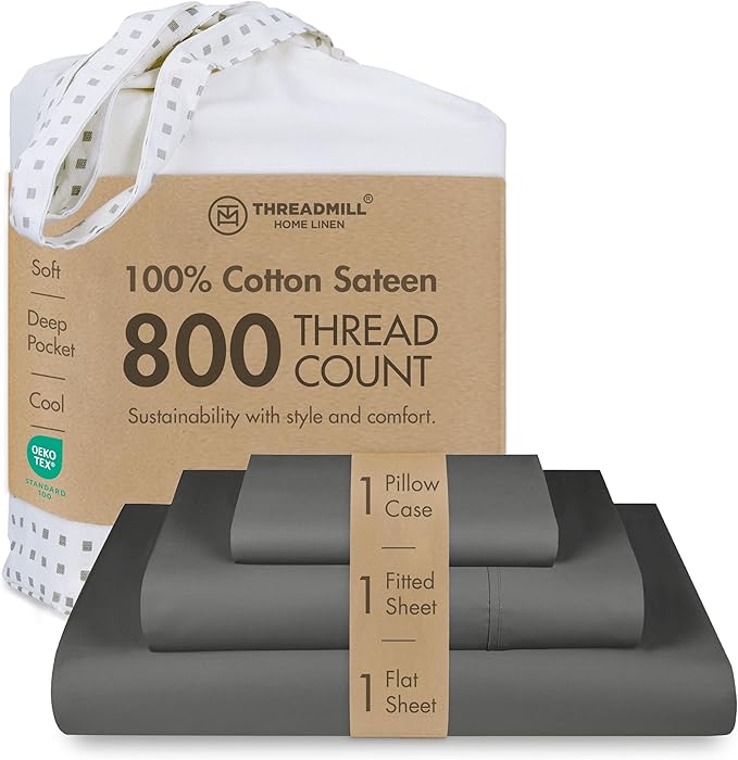 Threadmill Luxury 800 Thread Count 100% Cotton Sheets - Sateen Weave Twin XL Bed-Sheets, Better Than Egyptian Cotton,3 Pc Solid Soft Bedding Set (Dark Grey), Fits 15" Deep Pocket