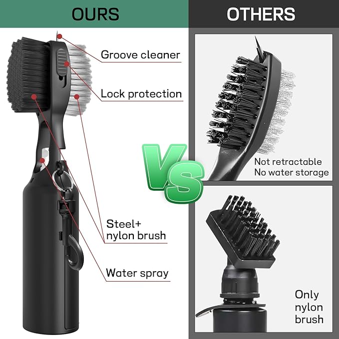 THIODOON 2 Pack Golf Club Brushes and Groove Cleaner 2 ft Retractable Zipline Carabiner Golf Brush Head with Retractable Spike Comfortable Grip Golf Club Cleaner