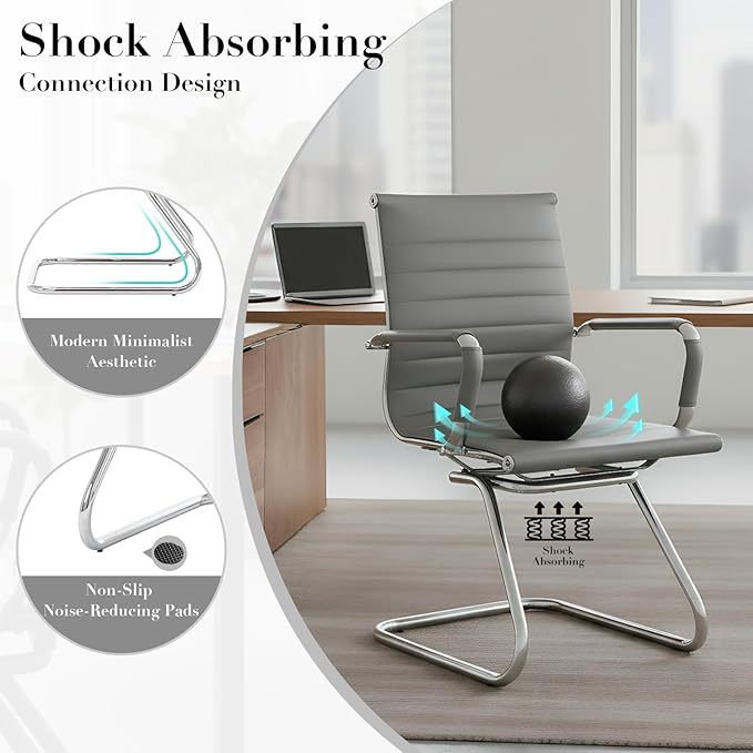 CIMOTA Waiting Room Chairs Set of 6 Leather Office Guest Chair Mid Back Reception Chairs with Sled Base for Meeting/Patient/Conference Room, Grey, 6PCS