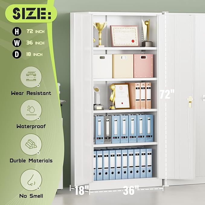 SUNCROWN 72" Metal Storage Cabinet - Heavy-Duty Metal Garage Cabinet with 4 Adjustable Shelves & 2 Doors for Tools, Office, Home, Workshop,White