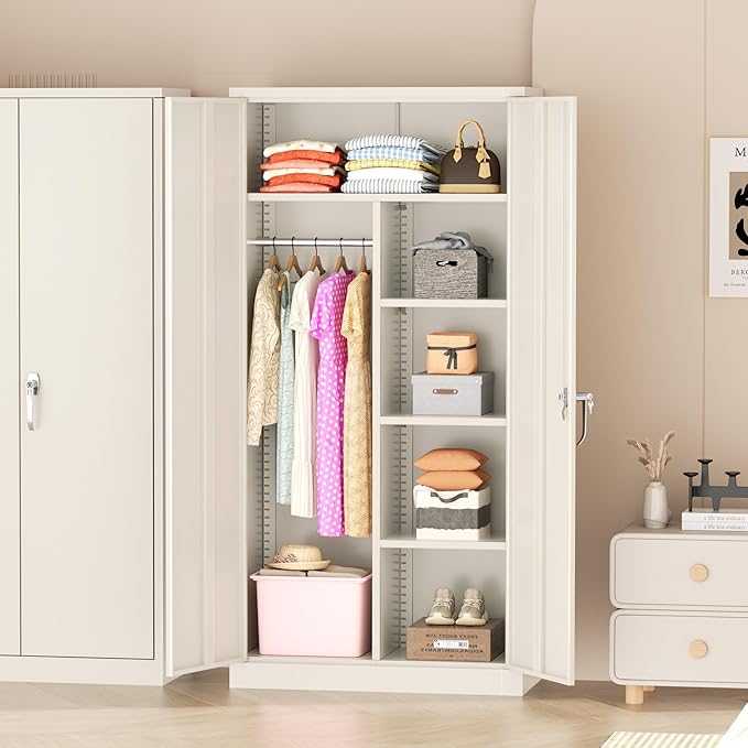 Greenvelly Metal Wardrobe Cabinet with Lock Door, 72" Metal Wardrobe Closet with Hanging Rods and Adjustable Shelves, Clothing Storage Closet Cabinet for Home, Office, Employee, Gym (Grey)