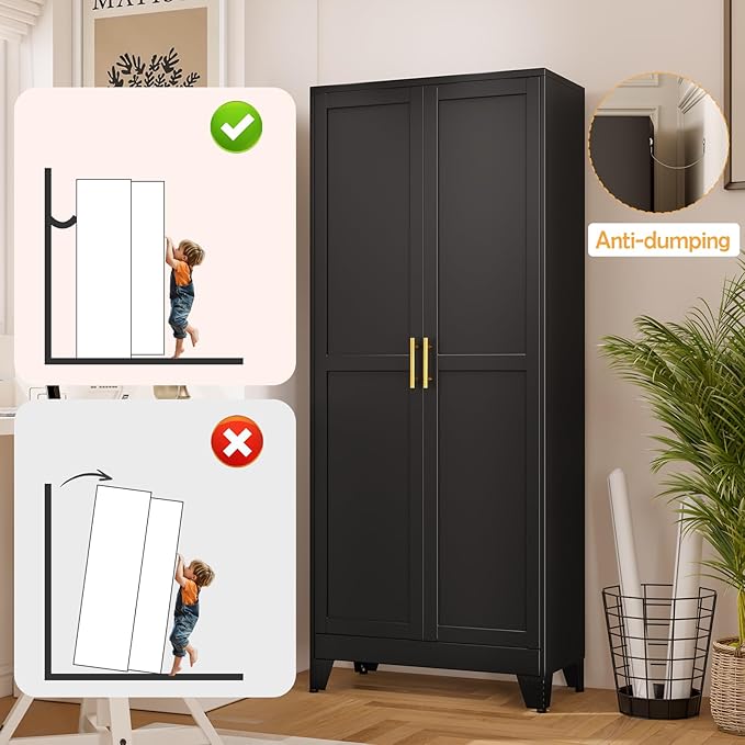 Black Pantry Storage Cabinet,71" Kitchen Pantry with Doors and 4 Adjustable Shelves, Metal Storage Cabinet, for Office, Home, Garage, School