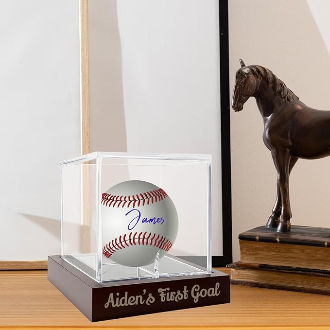 Personalized Engraved Baseball Display Case with Unique Pattern- Custom Wooden Individual Baseball Holder Box with UV Protected Clear Acrylic Cube, Wood Memorabilia Display Protecter for Collector Fan