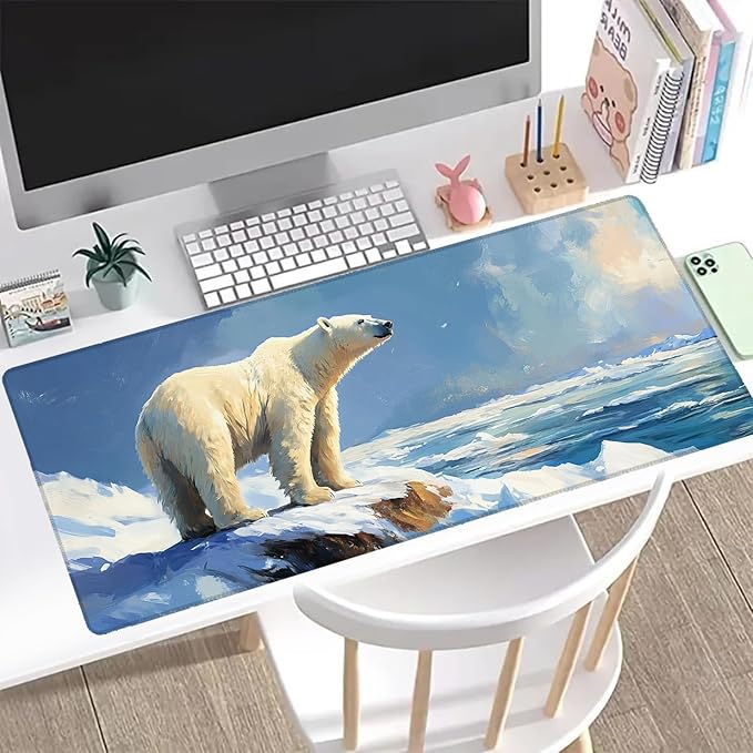 Polar Bear Gaming Mouse Pad, Office Desk Mat, Anti-Slip Rubber Base Cool Aesthetic Mouse Pads for Computer Laptop Keyboard School Home Desktop Gamer Home Accessories Decor 31.5" x 11.8"