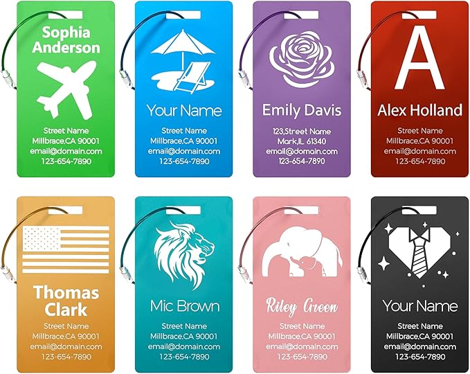 4 Pack Personalized Luggage Tags, Custom Engraved Aluminum Luggage Tags with Your Personalized Text, Waterproof Metal Name Tags with Steel Loop for Bags, Suitcase, Baggage, Backpack (Golden, Large)
