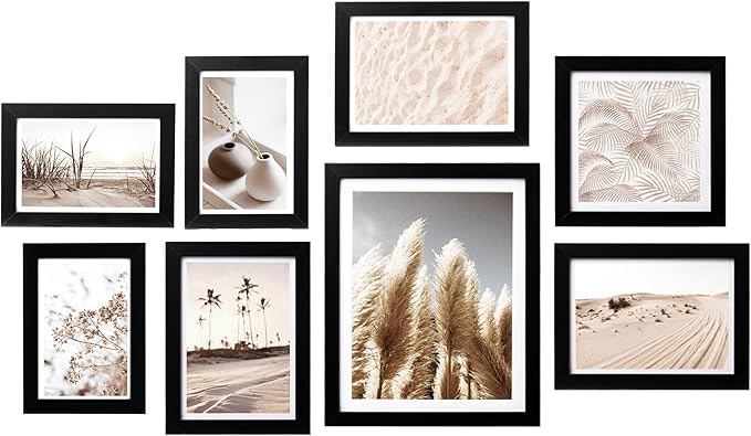 ArtbyHannah Gallery Wall Frame Set, 8 Pack Picture Frames Collage Wall Art Decor with Neutral Pampas Grass for Bedroom, Assorted Size Including 8"x10", 5"x7", 4"x6", 6"x6"(Black Frame,Small)