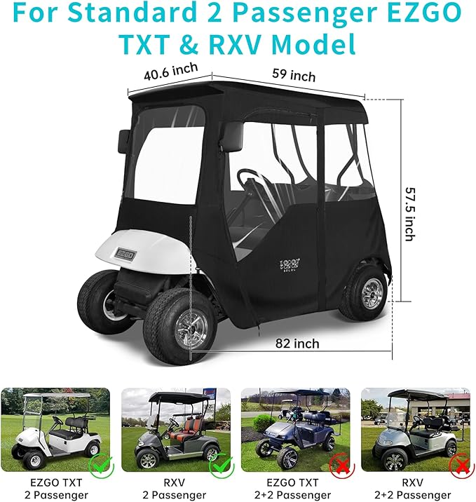 10L0L 2/4 Passenger Golf Cart Driving Enclosure for EZGO TXT/RXV Model, 4-Sided Clear Window 600D Rain Cover All Weather Windproof Waterproof - Black/Beige
