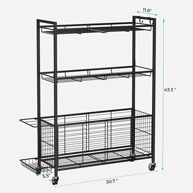 Large Garage Sports Equipment Organizer with Wheels, 3-Tier Ball Storage Rack for Basketballs, Soccer Balls & Sports Gear, Outdoor Sports Organizer with Bat Holder& Hooks, Toy Storage– 31"W