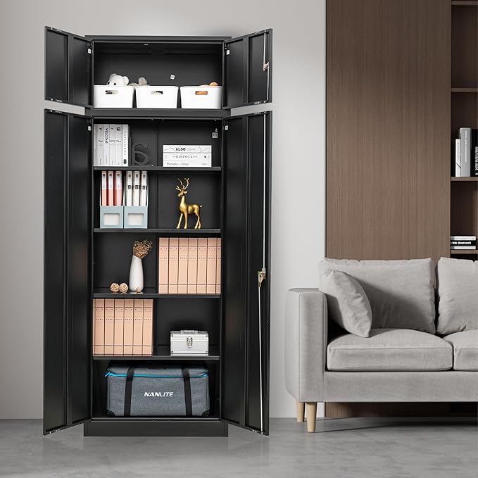 CJF Metal Storage Cabinet, 87-inch Tall Large Locking Cabinet Garage Storage Cabinet with Adjustable Shelves & Locking Doors for Home Office, Garage and Utility Room-Black