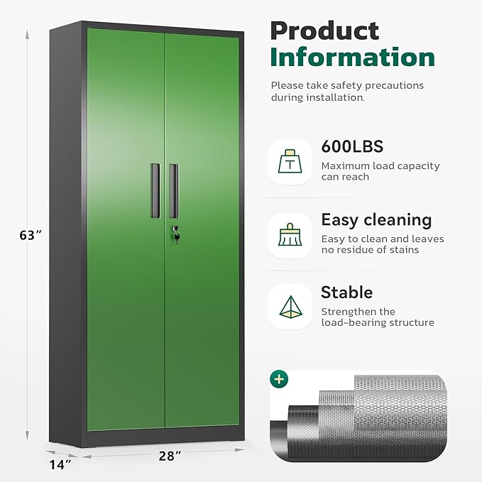 Greenvelly Metal Pantry Cabinet, 63”Tall Kitchen Pantry Storage Cabinets with 2 Lock Doors and 4 Adjustable Shelves for Home Office, Dinning Room,Garage(Black Green)