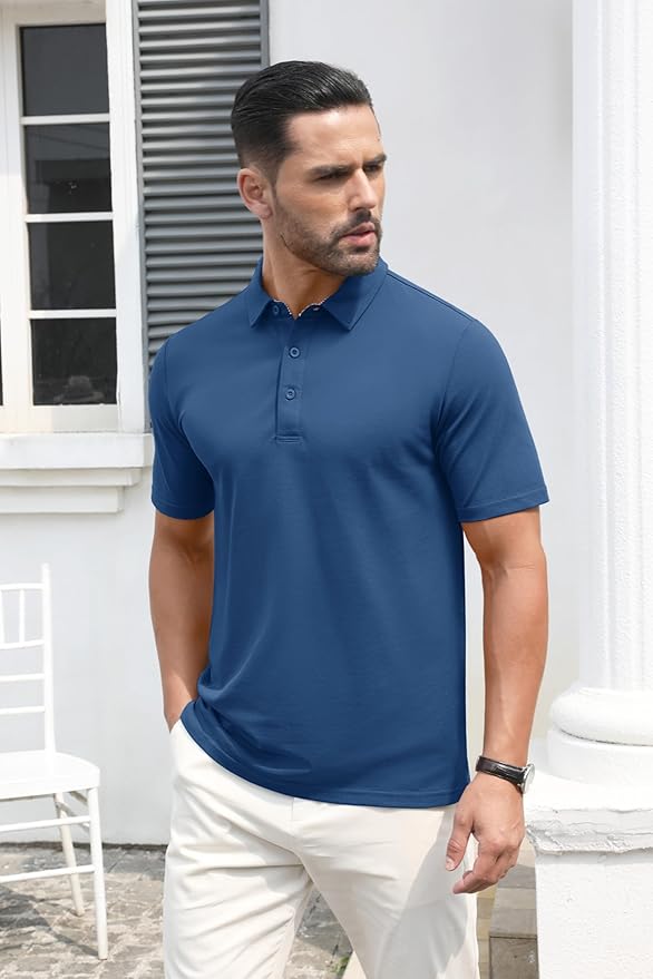 MAGCOMSEN Men's Polo Shirts Short Sleeve Cotton Pique 3 Button Classic Fit Casual T-Shirt Performance Golf Shirts