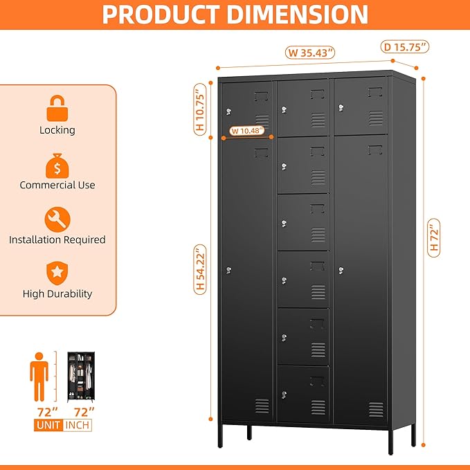 METAN Metal Locker for School Office Gym Bedroom, 10 Doors Steel Storage Locker Cabinet for Employees, Industrial Storage Locker, Assembly Required (Black)