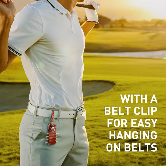 Golf Tee Holder with USA Ball Marker 4 Pcs White Wood Tees, Portable Hold Different Tee Leather Gift Hook Hanging Clip to Golf Bag Belt
