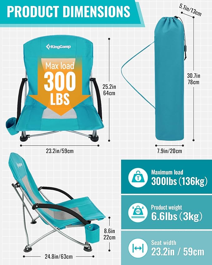KingCamp Low Beach Chairs, Folding Portable Chair for Adults Lightweight Extra Wide Seat 300lbs Heavy Duty Oversized Backpack, Carry Bag for Camping