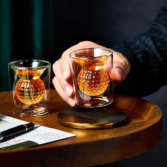 Golf Ball Shot Glasses Set of 4, Funny Handmade Birthday Gifts for Men and Women - 2oz Double Walled with 3D Shape Golf Ball Inside, Tequila, Whiskey, Cocktail Presents for Golfer