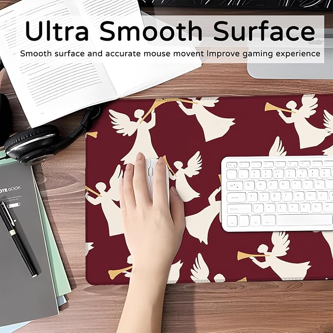 Cute Angel Large Gaming Mouse Pad,Elegant Trumpet Spiritual Desk Mat,31.5x11.8x0.12in Extended Non-Slip Rubber Red Mousepad,Computer Deskmat Gifts,Laptop Mice Pads Decor for Home Office