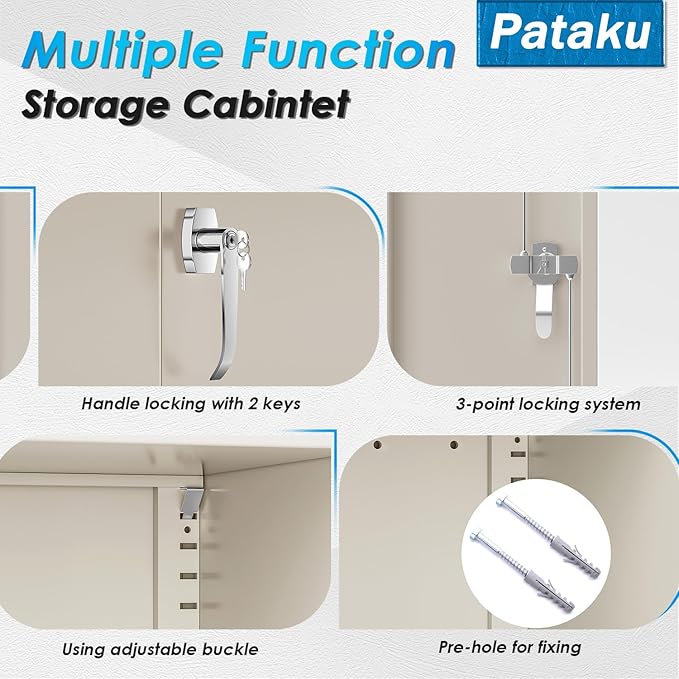 Pataku Metal Storage Cabinet, Garage Cabinet with Doors and Shelves 36" Hx32 Wx16 D, Steel Lockable File Cabinets for Office, Home, Garage, Basement, Industrial, Putty