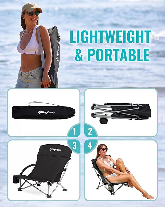 KingCamp Low Beach Chairs, Folding Portable Chair for Adults Lightweight Extra Wide Seat 300lbs Heavy Duty Oversized Backpack, Carry Bag for Camping