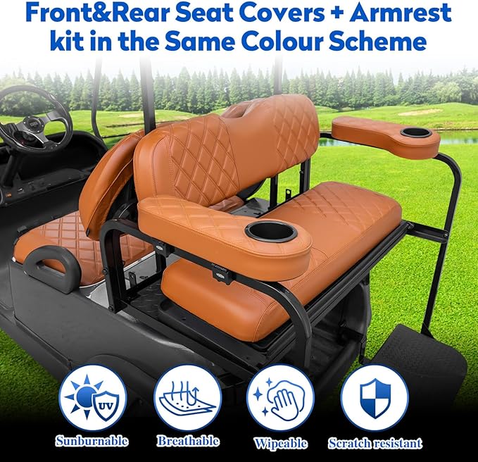 NOKINS Golf Cart Seat Covers for YAMAHA/G29/Drive2, Vinyl Front&Rear Seat Cover with Flip-Up Armrests kit, with Cup Holder, for 1" Square Tube (All Brown)