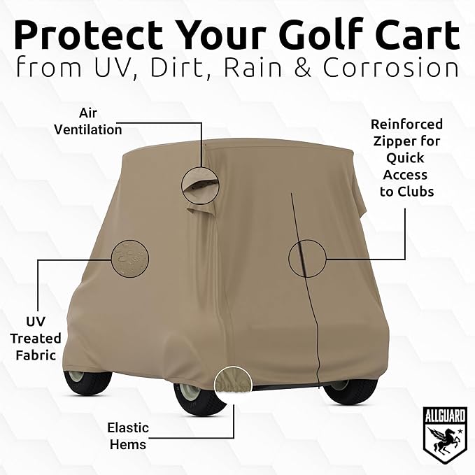 AllGuard Weatherproof Golf Cart Cover, Heavy Duty Polyester, Protects from Rain, Sun, UV & More - Tan (Fits Length: 106" - 140")