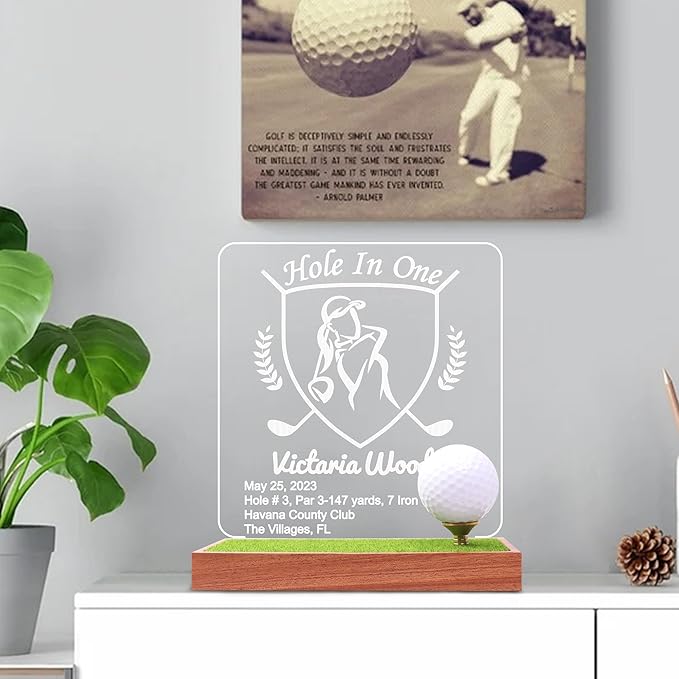 Hole in One Golf Ball Display Case, CoolGift Mart Personalized Light Up Golf Ball Holder Memorabilia Display and Storage, Wooden Acrylic Accessories with Warm White Color Lights, Gift for Golfers