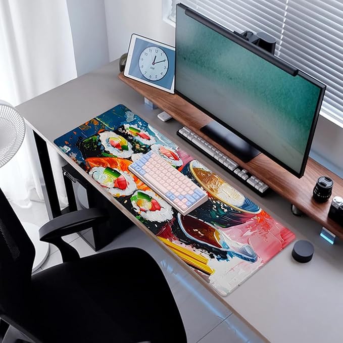 Vibrant Sushi Gaming Mouse Pad, Desk Mat, Non-Slip Rubber Base Cool Aesthetic MousePads for Computer Laptop Keyboard Office School Home Desktop Accessories Decor 31.5" x 11.8"