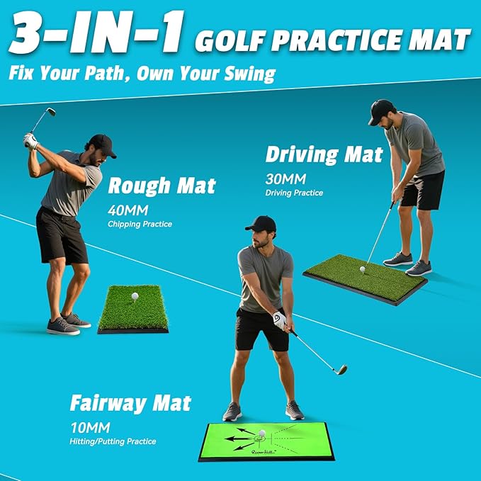 Golf Hitting Mat, Large Golf Practice Mat 25"X13" W/Instant Swing Path Feedback, 4 Replaceable Training Turf with Heavy Duty Rubber Base for Driving/Chipping/Putting, Golf Equipment Indoor & Outdoor