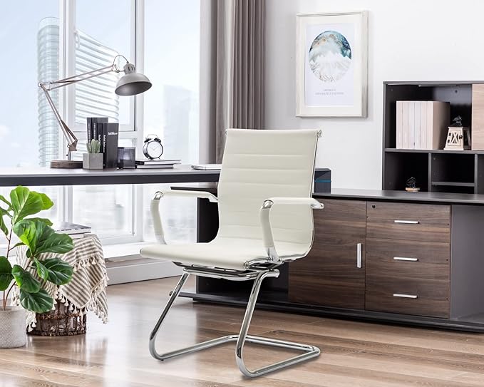 CIMOTA Waiting Room Chairs Leather Office Guest Chair Mid Back Reception Chairs with Sled Base for Meeting/Patient/Conference Room, White Set of 8
