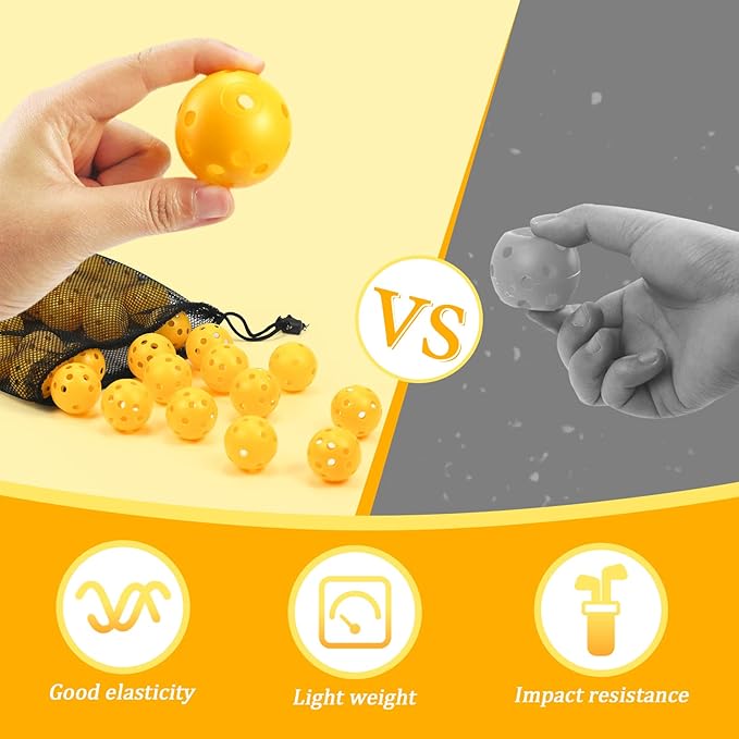 Plastic Golf Balls Practice Limited Flight Golf Training Ball Hollow Swing Practice Indoor Golf Balls with Mesh Drawstring Bag for Backyard Driving Range or Outdoor