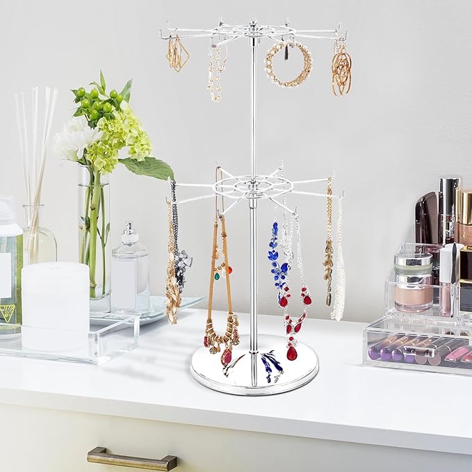 Dual Adjustable (Total Height & Tier Heighs) CounterTop Spinner Display Stand, Heavy Duty 2-Tiers, Silver