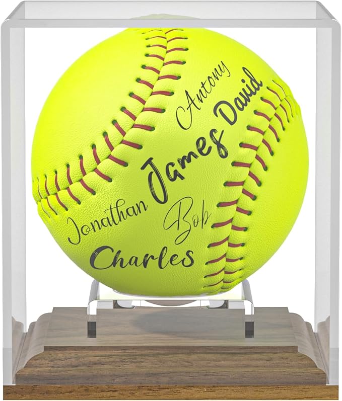 Softball Display Case Walnut Wood Base Acrylic Softball Case Display Softball Holder Stand Cube Memorabilia Showcase Autograph Ball Protector for Official Size Ball Display