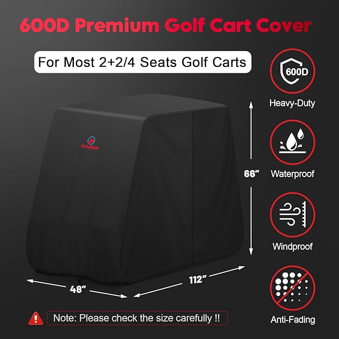 Comnova Golf Cart Cover 4 Passenger - 600D Waterproof Golf Carts Enclosure with Zipper, Windproof & UV Resistant, Outdoor Golf Cart Cover Universal Fit EZGO, Club Car, Yamaha up to 112"L x 48"W x 66"H