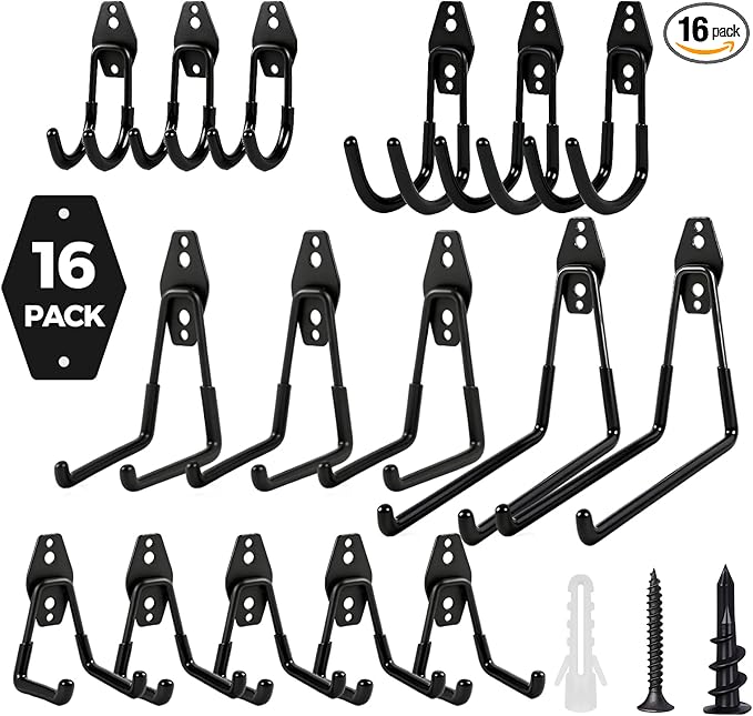 Garage Hooks Heavy Duty - 16 Pack Garage Storage Hooks Anti-Slip Coating Wall Mount Hook for Hanging Ladders Bikes Garden Tools Hose