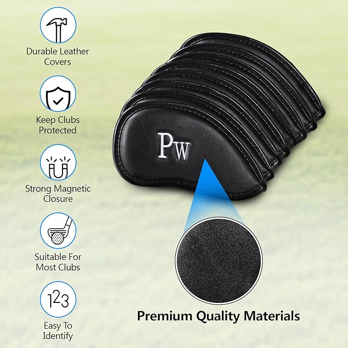 Premium Leather Golf Club Covers -Double-Sided Embroidered Golf Iron Covers with Magnetic Closure, Perfect Iron Covers for Golf Clubs, Durable and Stylish Protection for Your Clubs