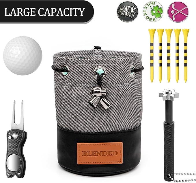 Golf Valuables Pouch,Bucket Waist Design Golf Pouch Bag Tee Bag with Drawstrings Leather for Men Women (Grey)