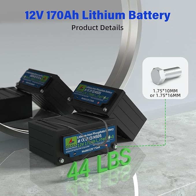 12V 170Ah LiFePO4 Battery with 200A BMS | 2560W Peak Power | 44lbs Lightweight | 15,000 Cycles | for RV/Marine/Solar – 2X Capacity vs 100Ah Lead Acid (2PCS 12V 170Ah)