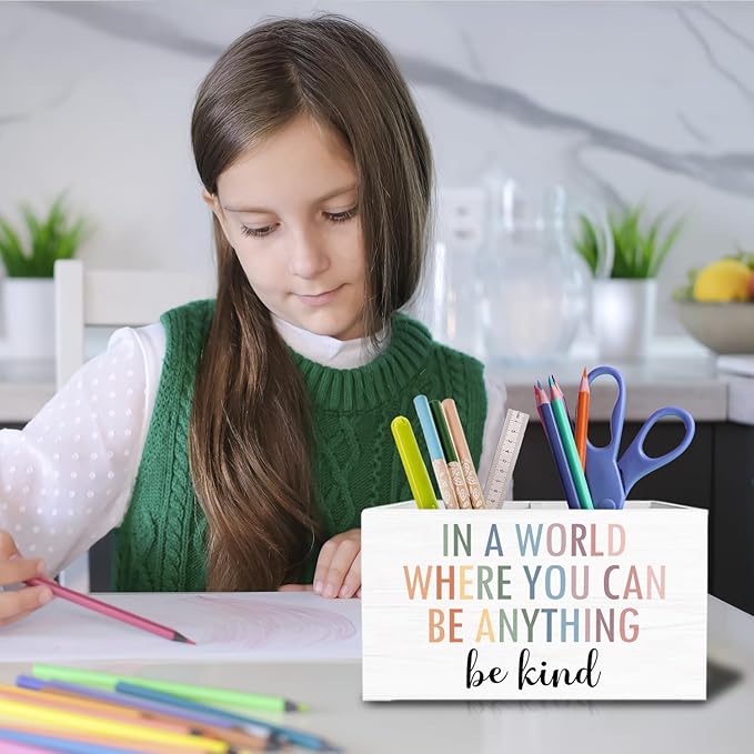 Boho Motivational Pen Pencil Holder for Desk, Boho Classroom Decor, In a World Where You Can Be Anything Be Kind Wooden Box Sign Desk Decor for Classroom Kids Room Decoration