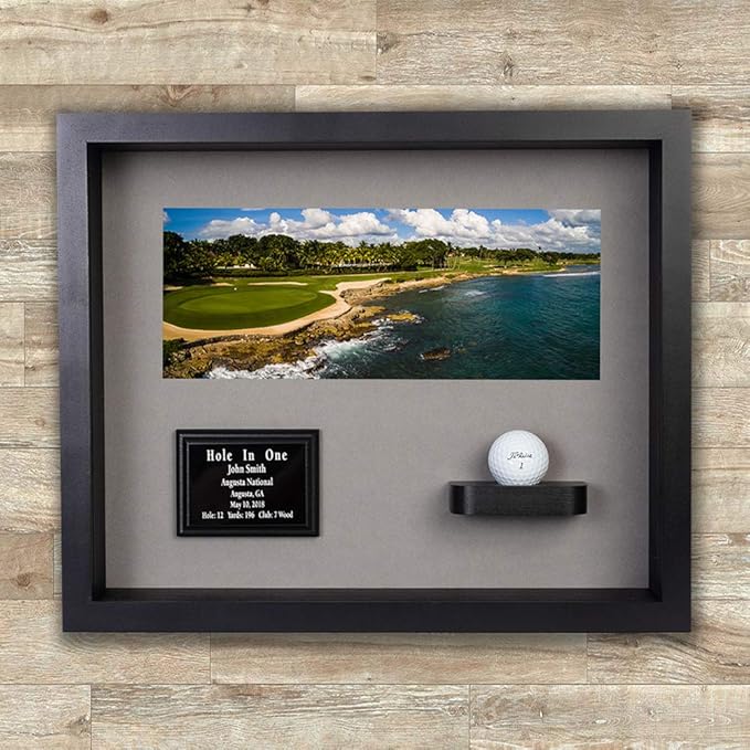 Hole in One Shadowbox and Golf Ball Display Case | Personalized Engraved Plate | Holds Golf Ball and Scorecard or Photo |4 Color Finishes | Wall Mounted (Horizontal, Black/Gray)