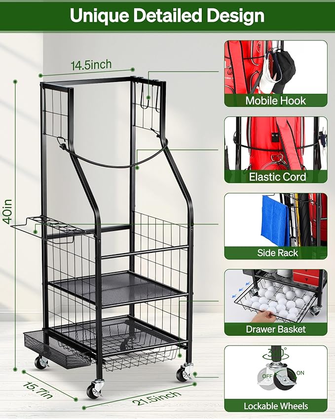 Golf Bags Storage Garage Organizer - Golf Bag Stand Fit Single Golf Bags, Golf Clubs, and Golf Equipment Accessories, Golf Bag Storage Rack with Wheels for Garage, Club, Shed, Basement