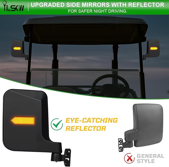 No Drilling Golf Cart Side Mirrors with Built-In Reflector, Universal Rear View Mirrors for 0.75"/1"/1.25" Square Strut Fits Ezgo,Club car,Yamaha Cart with 180 Degree Rotation HD Glass