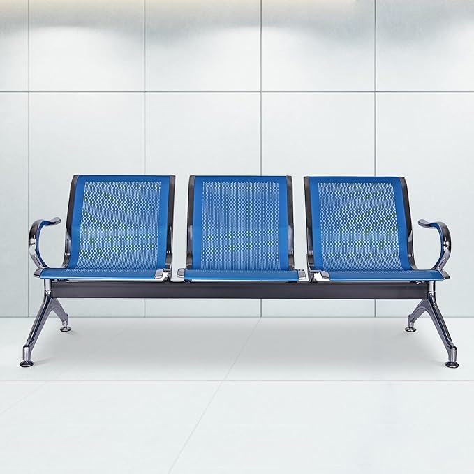 3-Seat Waiting Room Chairs - Waiting Room Bench with Arms Airport Reception Bench Guest Reception Chairs Lobby Bench Waiting Area for Airport Market Bank Hospital School Barbersho, Blue