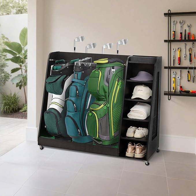 Wooden Golf Bag Organizer and Storage Rack, Accommodate Golf Bags and Golf Clubs/Hockey Sticks, Golf Balls, Inside and Outside The Garage shed Basement