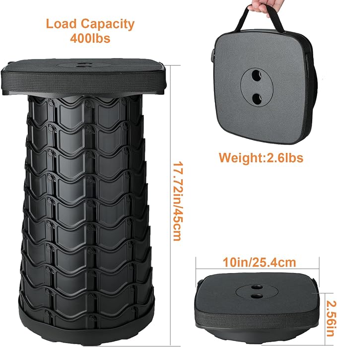 Boreeman Upgraded Collapsible Stool, Square Portable Stool, Lightweight Yet More Sturdy with Load Capacity 400lbs, Perfect for Camping Fishing Hiking BBQ (1, 2-Pack Black)