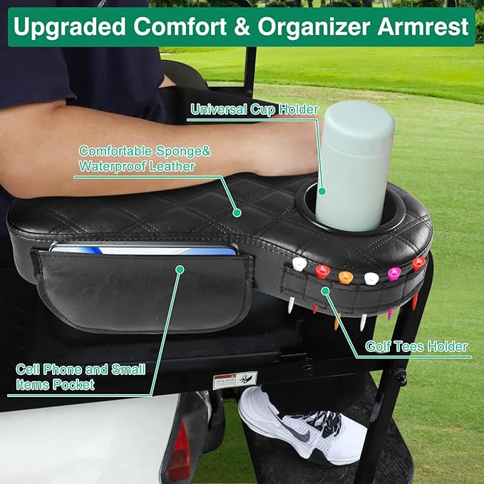 Golf Cart Diamond Armrest with Cup Holder for Rear Seat, Upgraded Stable Triangle Support Frame No Drilling for EZGO Club Car DS Precedent Yamaha Golf Carts Arm Rest with 1" Side Square Tube