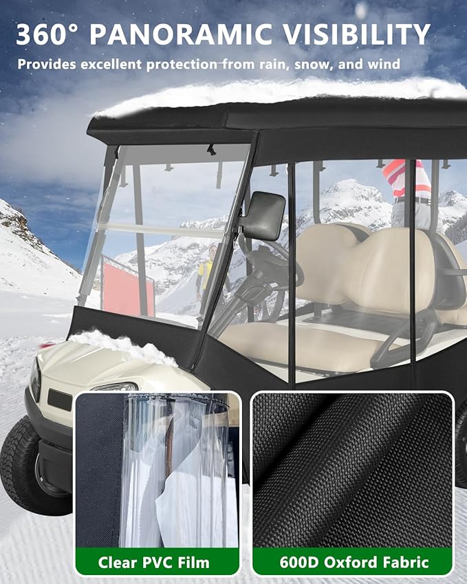 Golf Cart Enclosure 4 Passenger Extended Roof 88 inch for Club Car Tempo Onward,600D Clear Rain Cover Driving Enclosures,Full Roll Up 4 Sided Transparent Windows&Door Side Mirrors Openings