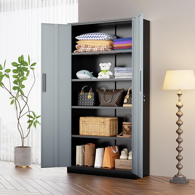 INTERGREAT Metal Storage Cabinet, 72" Locking Steel Cabinets with 2 Door and 4 Adjustable Shelves, Tall Metal Cabinet for Home Office, Garage, Warehouse,(Black+Grey)