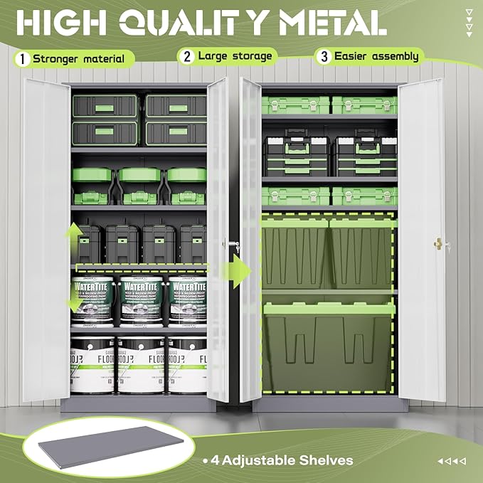 SUNCROWN 72" Metal Storage Cabinet - Heavy-Duty Metal Garage Cabinet with 4 Adjustable Shelves & 2 Doors for Tools, Office, Home, Workshop,Grey & White