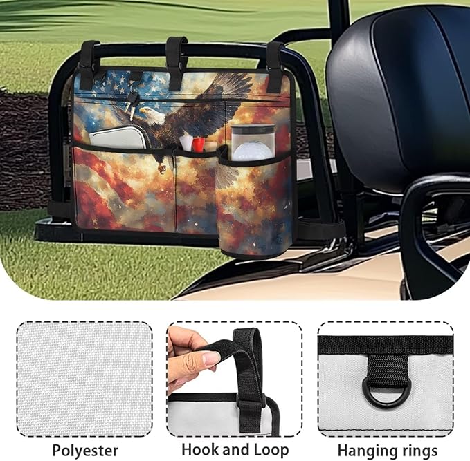 American Flag Golf Cart Bag, Golf Cart Rear Seat Organizer with Open Pockets for Golf Balls & Bottles