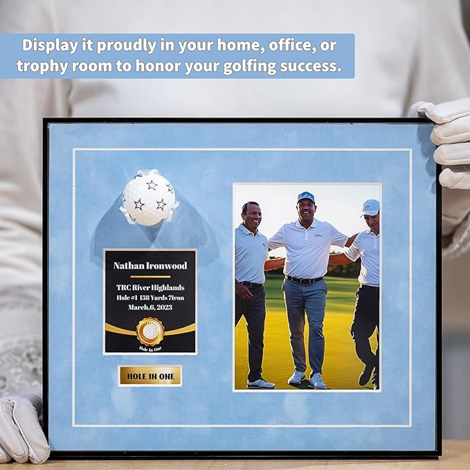 One-Shot Victory Golf Ball Display Frame – Acrylic Case with External Ball Mount, Custom Photo & Nameplate, Babyblue Suede Mat, Elegant Golf Keepsake Gift