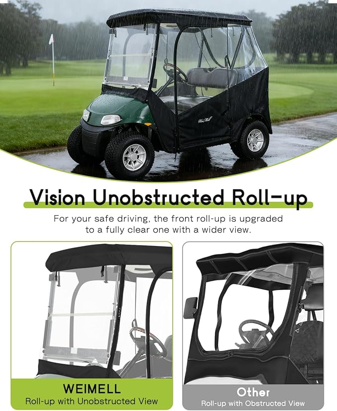 Golf Cart Enclosure 2 Passenger for EZGO TXT RXV 2-Seater 600D Waterproof Transparent Driving Rain Cover 57.5 Inch Roof 4-Sided Clear Windows Roll-Up Door Black